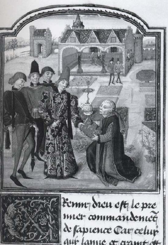  Guillbert de Lannoy presenting his book L-Instruction d-un jeune prince to Charles the Bold in a garden